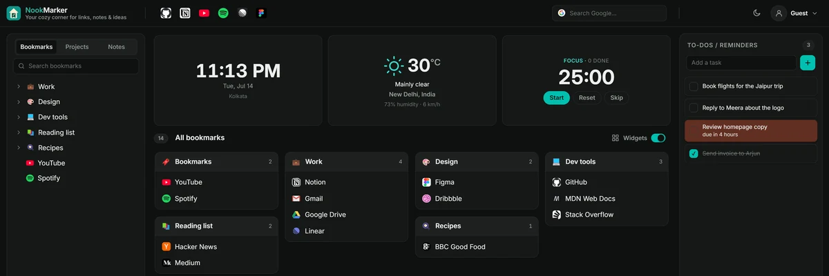 The same home tab in dark mode.